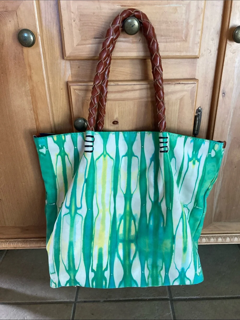 Green & Teal Watercolor Tote Bag with Braided Brown Handles